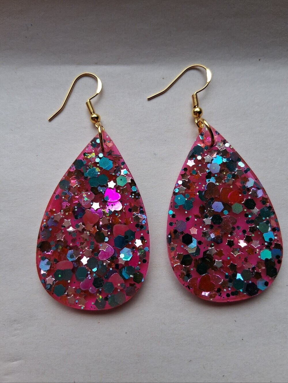 Hand Crafted Pink Teardrop Glitter Earrings with Multicolor Sparkle